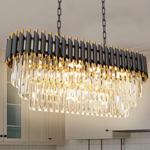 WOSOHYUN 31.5" 8-Light Modern Black Gold K9 Crystal Chandelier, Luxury Rectangular Raindrop Pendant Light with Adjustable Chain, Hanging Chandeliers for Dining Room, Kitchen Island, Living Room by WOSOHYUN - Used condition - US$215.83
