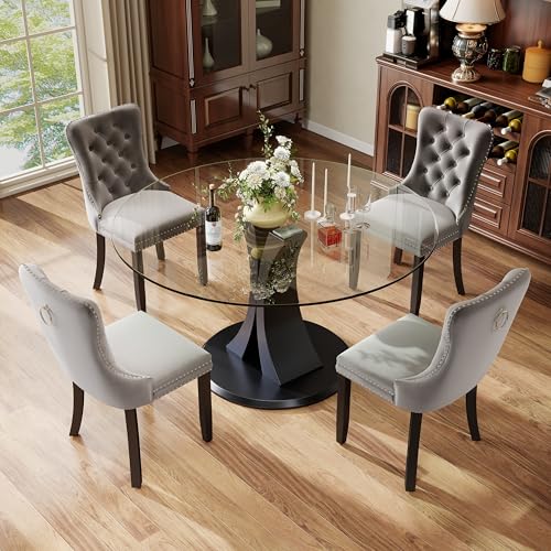 Image of 5-Piece Dining Table Set with 47In Tempered Glass Table and 4 Velvet Upholstered Chairs, Modern Scandinavian Furniture for Dining Room Kitchen(Gray)