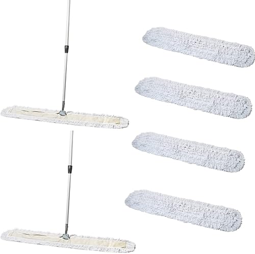 Trapeador de polvo comercial y barredora de pisos, 48 x 5 pulgadas y cabezal de fregona reutilizable de algodón, 2 juegos de trapeador y 4 recambios