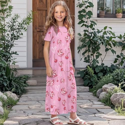 Girl's Short Sleeve Dress Loose Casual Long Maxi Dresses with Pockets Cewneck Pleated Waist A-Line Dress for 5-14Y3