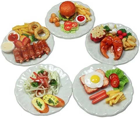 5 Pcs Dollhouse Miniature Food Set – Handmade Clay Oven Pork Ribs, Salmon Steak, Burger & Spaghetti on Ceramic Plates, 1/6 Scale Accessories & Collectibles for Individuals Aged 14 and Above. image 4