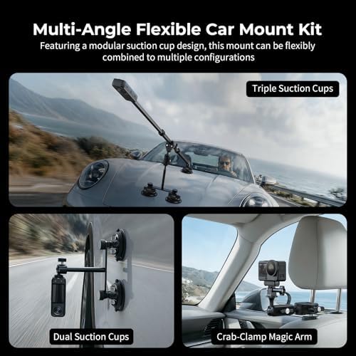 SMALLRIG Car Mount for Insta360 X5/X4/X3, for DJI OSMO 360 Camera, for GoPro, Triple Suction Cup Mount Kit with 120cm/47.2" Invisible Telescopic Selfie Stick, Ball Head, Magic Arm Clamp, Adapter -5843 - 2