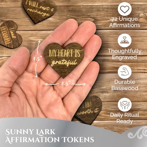 Image of Two Pack of Sunny Lark Positive Affirmation Wood Cutouts | Two Sets of Identical 72 Laser Engraved Hearts with Positive Affirmation Messages | Includes Affirmation Holder | Daily Motivational Gift