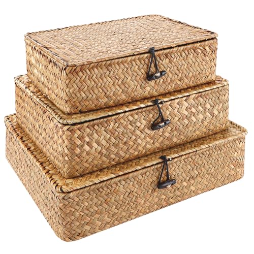 YAYODS 3 Stück Natürlichem Seegras Korb mit Deckel - Rattan