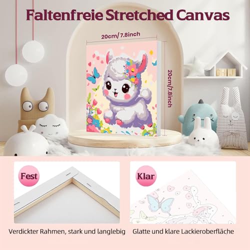 Pujeknm 4 Stück Tiere Malen Nach Zahlen ab 5 6 7 Jahre Mädchen mit Rahmen, Einhorn Faultier Alpaka Waschbär Malen Nach Zahlen für Kinder Acrylfarben mit als Geschenk, Mittel 20x20 cm (Süßes Tiere)