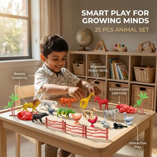 Image of ZESTHOME 25 PCS Animal Play Set| Wild Farm Animal Figures with Fence Trees Rocks | Realistic Educational Toys for Kids | Learning & Play | Gift Set