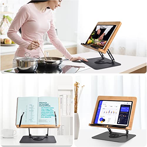 Book Stand For Reading, Wishacc 360° Rotating Base & Page Clips, Adjustable Rotating Foldable Bamboo Reading Stand #TOP1