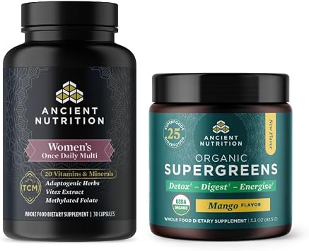 Ancient Nutrition Multivitamin for Women, Once Daily, 30 Count + Organic Supergreens Powder, Mango, 12 Servings