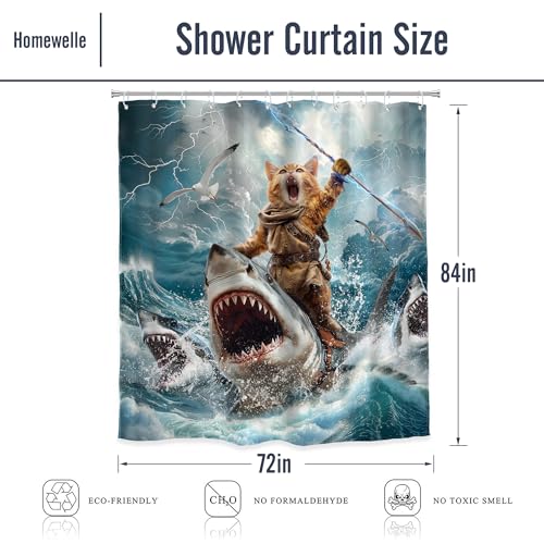 Image of Funny Cat Riding Shark Shower Curtain Ocean Waves 72Wx84H Inch Decor