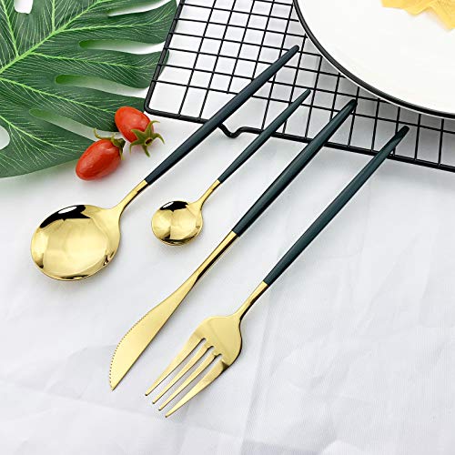 JASHII Flatware Serving Set 24 Piece, Stainless Steel Silverware Set, Green Gold Cutlery Set, Modern Elegant Tableware Set for Party, Christmas, Dinner (Green Gold) by JASHII - Used condition - Image 2