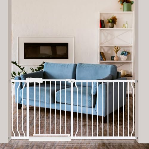 Image of Extra Wide Baby Gate 62.2-66.9 Pressure Mounted,Child Dog Pet Safety Gates with Walk Through Door for Doorways Stairs No Drilling in Door,White