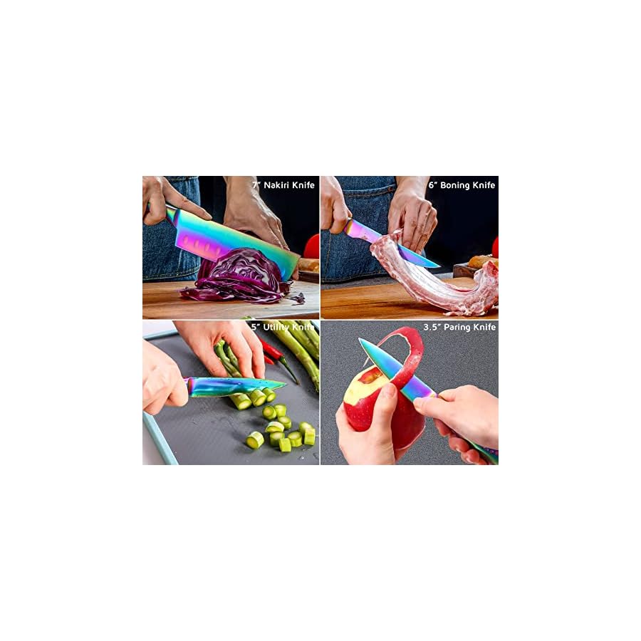 WELLSTAR-Rainbow-Knife-Set-16-Pieces-with-8-Knives-and-8-Blade-Guards-Iridescent-German-Stainless-Steel-Kitchen-Knives-with-Durable-Sheath-Cover-Colorful-Titanium-Coated-Chefs-Cooking-Knife-Set WELLSTAR Rainbow Knife Set 16 Pieces with 8 Knives and 8 Blade Guards, Iridescent German Stainless Steel Kitchen Knives with Durable Sheath Cover, Colorful Titanium Coated Chef’s Cooking Knife Set