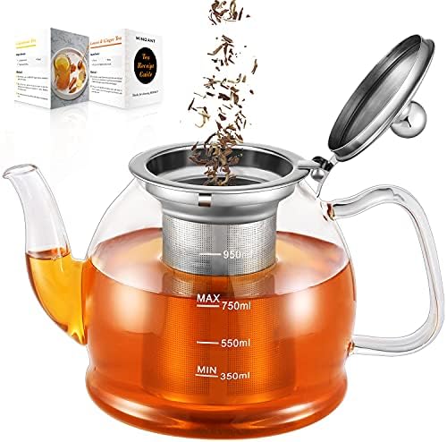 Glass Teapot, 33 oz / 1000ml Glass Teapot with Removable Infuser, Clear Teapot for Blooming Tea, Loose Tea, Flowering Tea Pot, Scale line Borosilicate Glass Teapot Stovetop Safe Tea Brewer Guide