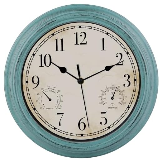 Amotpo 12 Inch Wall Clock Retro Waterproof Indoor/Outdoor Wall Clock with Thermometer and Hygrometer Battery Operated Round Non-Ticking Clock Decorative for Patio, Porch, Garden, Green