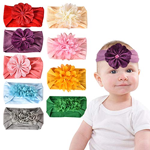 LLLCF 9PCS Baby Nylon Headbands Hairbands with Chiffon Flowers Newborn Infant Toddler Hairbands Child Hair Accessories Bows for Baby Girls