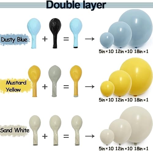 Miniatura 3 de Guirnalda de globos azules y amarillos, globos de doble relleno blanco arena, azul polvoriento, amarillo, crema, kit de arco de globos para baby