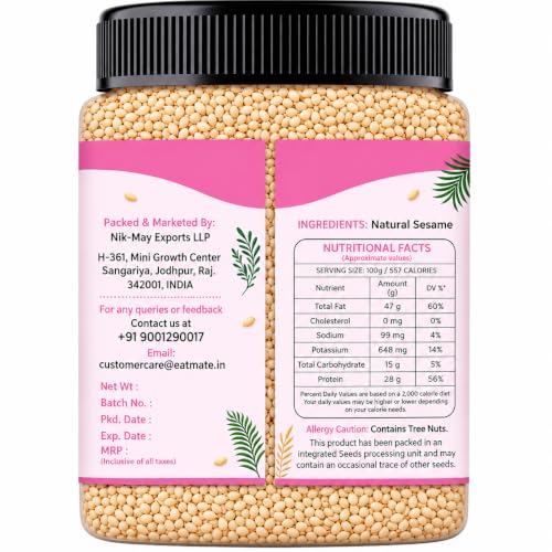 Image of Eatmate Premium Natural Sesame Seeds 1 Kg | White Till Seeds for Eating, Cooking & Baking | Nutritious Indian Spice | Rich in Calcium, Protein & Fiber | Fresh Natural Til Seeds for Daily Use