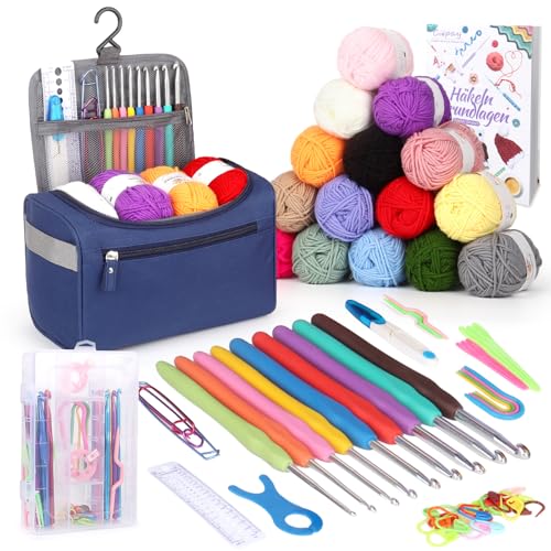 Coopay Juego de Ganchillo Portátil Para Principiantes Con 15 Lana, Bolsa, Accesorios, Agujas Ergonómicas Con Mango Suave