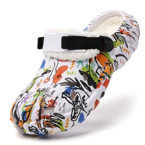 SECHRITE Clogs Gefüttert Damen Herren Winter Warm Hausschuhe Gartenclogs mit Fell Lined Clogs Winter Plüsch Outdoor Pantoletten Weiß 39-40 EU