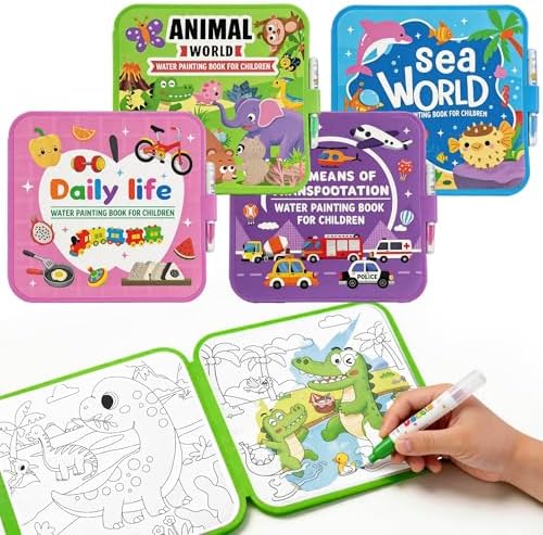 cabaro 4er Set EVA Wassermalbuch Kinder ab 3 Jahre, Reißfest & Wasserdicht | Wiederverwendbares Magisches Malbuch mit Wasserstifte, Zaubermalbuch, Reisespiel unterwegs für Kleinkin