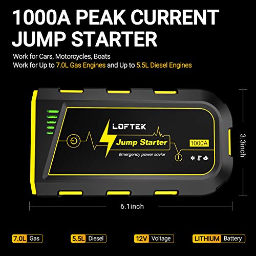 LOFTEK Portable Car Battery Jump Starter (Up to 7.0L Gas or 5.5L Diesel Engine), 12V Power Pack Auto Battery Booster with Built-in LED Light