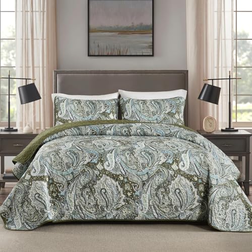 Green Paisley Quilt Set King Size Boho Bedspread Coverlet Set 3 Pieces, Soft Lightweight Microfiber Dark Olive Green Paisley Floral Pattern Bedding Set for All Season, 110''x90'' - Cosy Home Interiors Green Paisley Quilt Set King Size Boho Bedspread Coverlet Set 3 Pieces, Soft Lightweight Microfiber Dark Olive Green Paisley Floral Pattern Bedding Set for All Season, 110''x90''