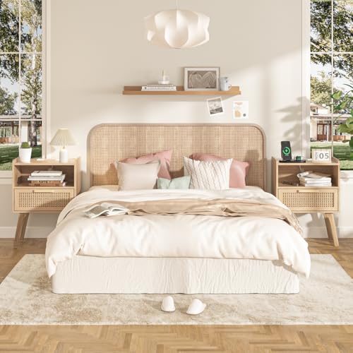 Image of Lerliuo Rattan Nightstand with Charging Station, Boho Night Stand | Handmade Natural Rattan Drawer, Cane Accent Side End Tables with Solid Wood Legs for Bedroom, Dorm, Small Spaces