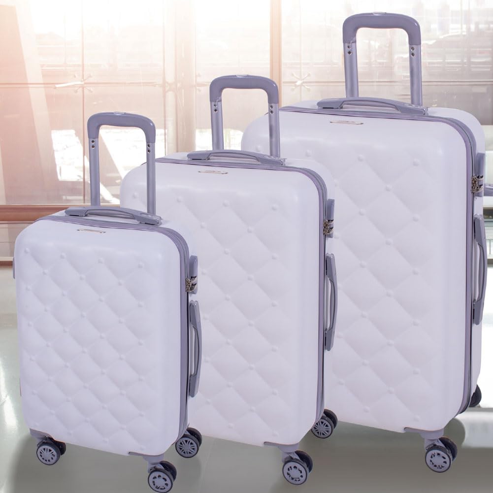 Coveri Set 3 Trolley Valigie Bagaglio a Mano Vintage Valigia Guscio Rigido In ABS 4 Ruote Manico teloscopico Doppio Scompartimento Interno e Chiusura di Sicurezza con combinazione (Bianco)