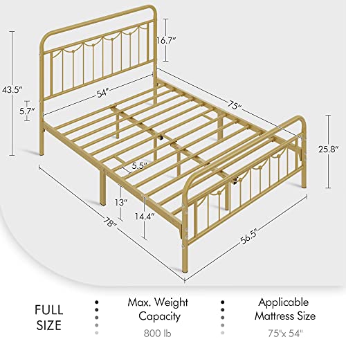Yaheetech YT-00120413 Full Size Metal Bed Frames With Vintage Headboard And Footboard, Farmhouse Metal Platform Bed, Heavy Duty Steel Slat Support, Ample Under-Bed Storage, No Box Spring Needed, Antique Gold thumb #1