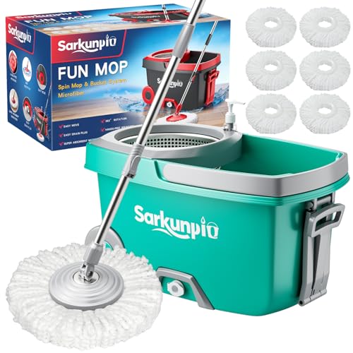 Sarkunpio Mop and Bucket Set with Wringer Spin Mop Floor Cleaning System with 6 Replacement Microfiber Heads & 61 Extra-Long Handle for Home Floor Blue