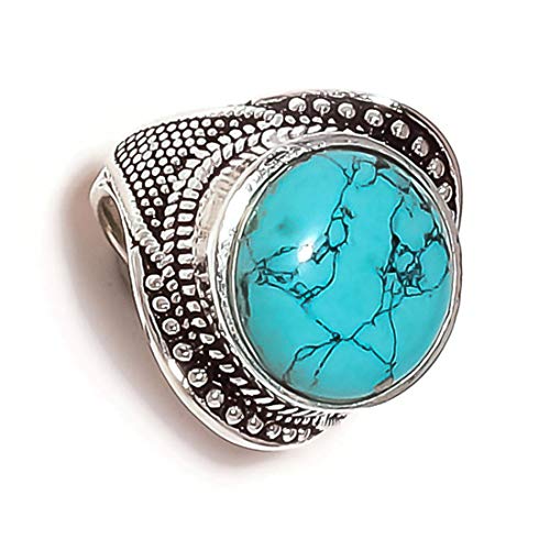 JENAV JEWELS Natural Blue Turquoise Round Gemstone Handmade Engraved Oxidized Statement Rings (US-8) Jewelry, Blue Turkish Rings, Gift for Men & Women