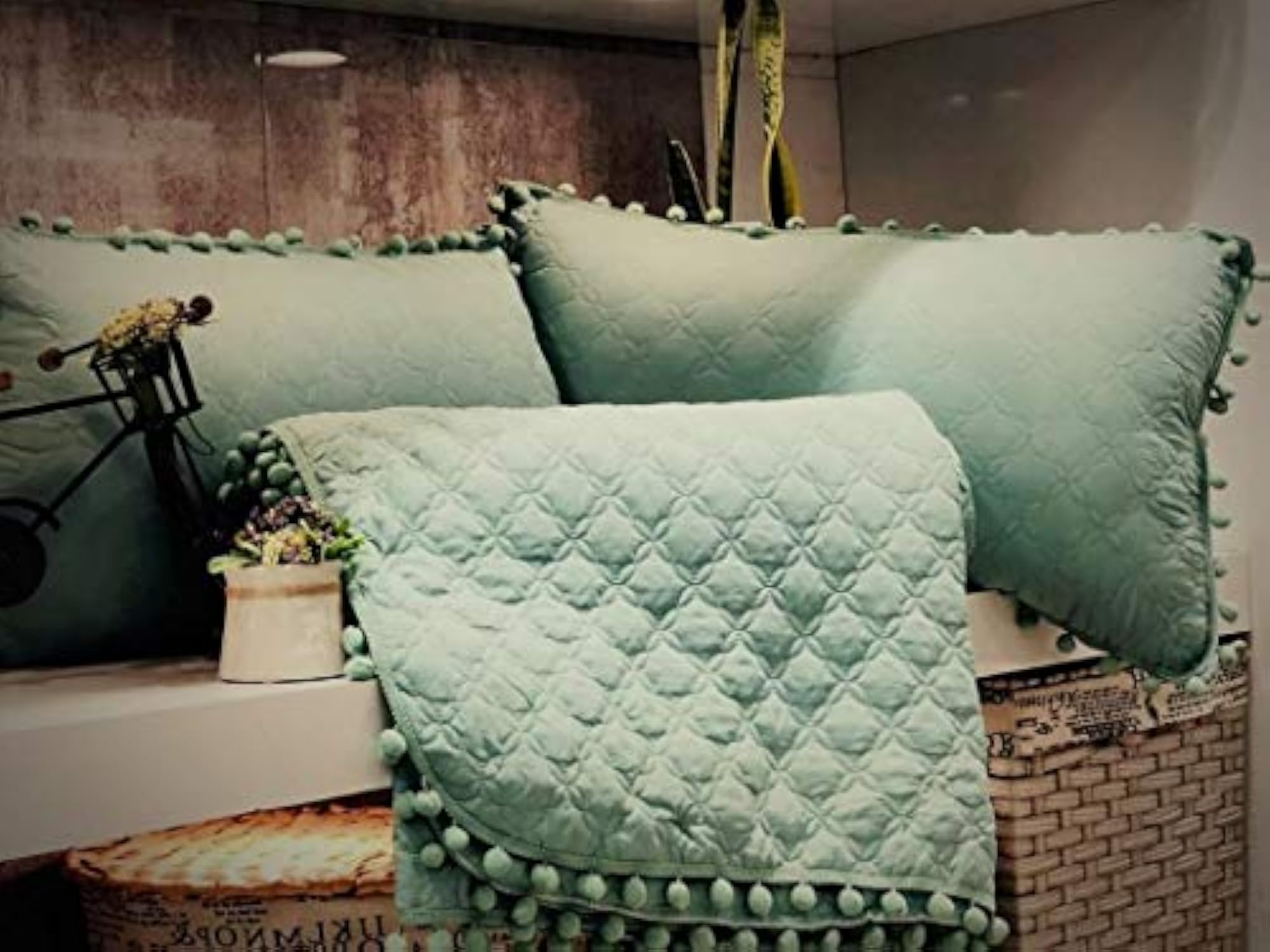 Green Quilted Bedcover Set with 2 Pillow Cases, Double King Size