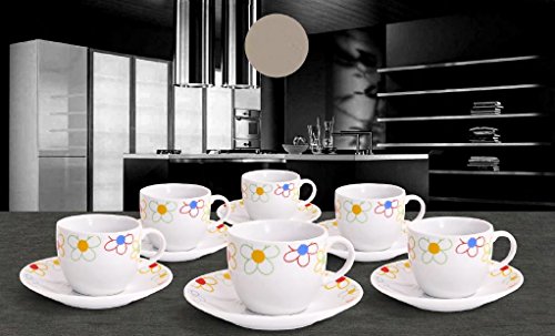 Albalù Set Tazzine da Caffè con Piattino in Porcellana Colorate Fiori Stilizzati Servizio Completo da 12 Pezzi di cui 6 Tazzine e 6 Piattini Lavabili in Lavastoviglie