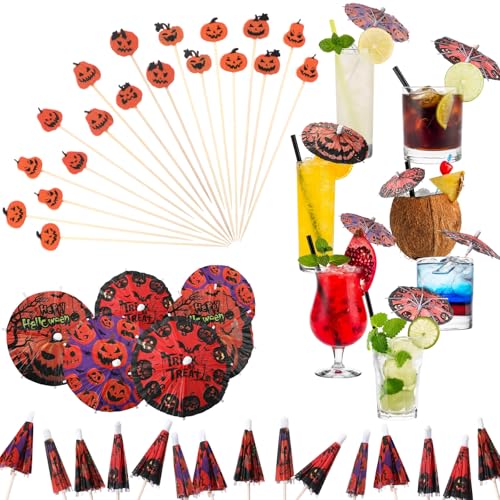 SiliFine 300 Pcs Halloween Pumpkin Cocktail Drink Accessories 100 Pcs Drink Cocktail Umbrellas 200 Pcs 4.7 Inch Cocktail Fruit Picks Cupcake Topper Sticks for Halloween Party Appetizers Decoration