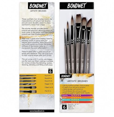 Image of VelveTouch Artist Paint Brushes, Set of 6 | for Kids, School Students, Gouache, Acrylics,Watercolor, and Oil Painting,Copper Tube Wooden,Watercoloring, Face, Nail, Scale Model Painting, Line Drawing