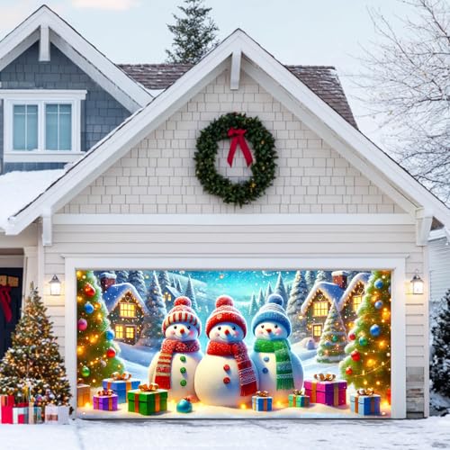 HOMETITUTE Christmas Garage Door Banner 13x6ft Snowman Winter Village Scene Holiday Backdrop Gift Box Snow Night Indoor Outdoor Wall Hanging Seasonal Party Decoration Festive Entry Porch