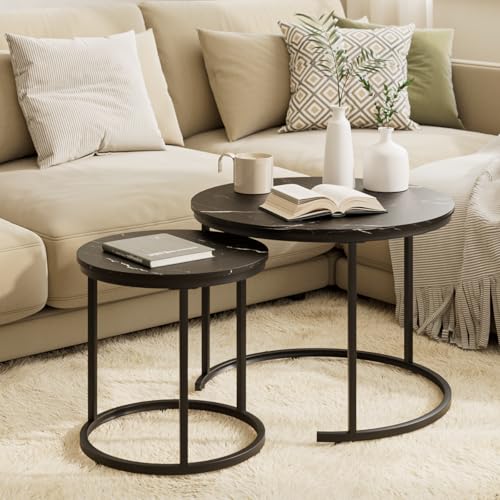 Image of HEYZOEY Round Coffee Tables, Removable Set of 2 End Table, Nesting Tables with Metal Frame Legs and Black Top for Living Room, Bedroom, Office, Balcony, Apartment(Marble Black)