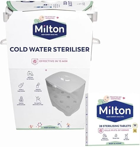 MiltonBaby Cold Water Steriliser & Sterilising 28 Tablets, Desinfecting Antiseptic Unit, Holds 6 Feeding Baby Bottles