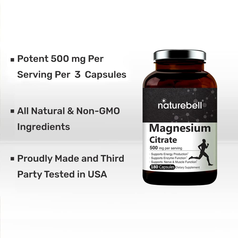 Elemental Magnesium 500mg Per Serving as Magnesium Citrate,180 Capsules