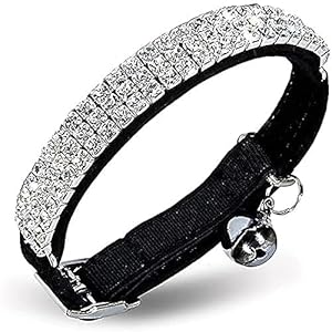 CHUKCHI Soft Velvet Safe Cat Adjustable Collar Bling Diamante With Bells,11 inch for small dogs and cats (Black)