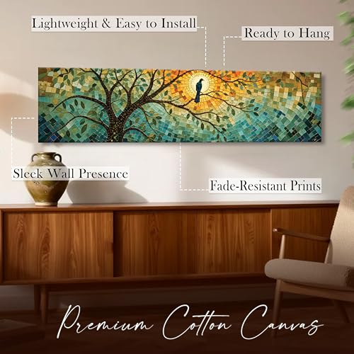 Image of Abstract Botanical Tree Stretched Canvas Wall Art Painting for Living Room, Stained Glass Style Mosaic Nature Canvas Wall Decor For Livingroom, Bedroom, Office, Hallway's, Hotel 12x46 Inch