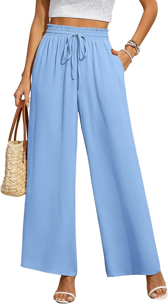 BEIGAI Women's Trousers, Wide, Loose, Straight Cut Palazzo Trousers, High Waist, Stretchy, Lounge, Elegant Trousers with Pockets