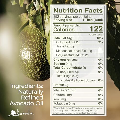 Image of Kevala Avocado Oil Cold Pressed | Non‑GMO Project Verified & Kosher | Multipurpose for High Smoke Point Cooking, Roasting, Sauteing & Skin Moisturizing | Ideal Kitchen Staple | 128 Fl Oz (Pack of 1)
