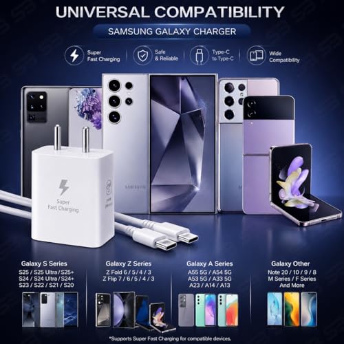 Image of 45W USB-C Fast Charger | Super Fast Charging 2.0 PD 3.0 Type-C Wall Adapter (with Cable) | Compatible with Samsung Galaxy S25 /S24 /S23, M55 /M54, A Series, Tab S Series | Compact Travel Charger - White