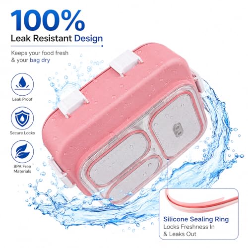 Image of 950ML Stainless Steel Bento Lunch Box |3 Compartments, Leakproof Tiffin Box with Spoon & Fork for School | Office & Travel (Pink)