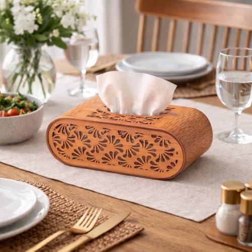 Image of Premium Wooden Tissue Box Holder with Floral Laser-Cut Design - Decorative Tabletop Tissue Case for Home, Office & Living Room (Standard Size, Elegant Finish)