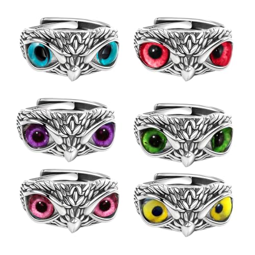 6Pcs Retro Devil's Eye Owl Ring Set Vintage Animal Adjustable Knuckle Ring for Women Men Owl Eye Open Stacked Ring Set Jewelry