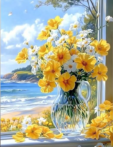 Kit peinture par numéros fleurs jaunes fenêtre 40x50 cm châssis bois