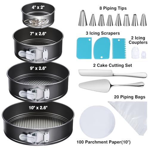 Gymdin 139PCS Springform Cake Pan Set - 4 Non-stick Cheesecake Pans(4/7/9/10-Inch) + Cake Decorating Supplies: Parchment Paper, Pastry Bags and Tips, Icing Scrapers, Cake Cutting Set & More!