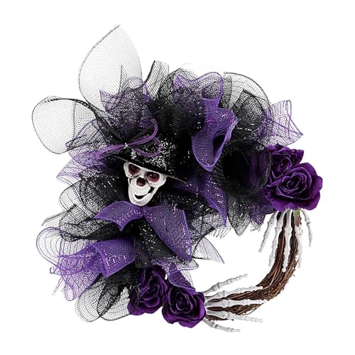 Corona de Halloween, colgante de puerta de Halloween | Corona de calavera de signo de bienvenida espeluznante | Corona esqueleto, decoraciones de fiesta de Halloween, decoración de puerta de entrada